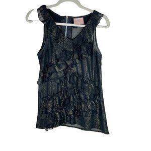 Romeo and Juliet Couture Sheer Sleeveless Blouse Ruffles Black Gold Shimmer Sz S